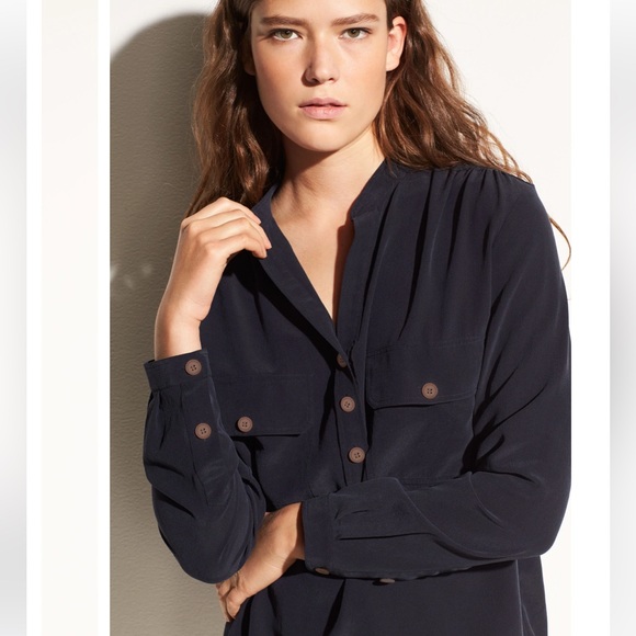 NWT Vince Navy Blue Washed-Silk Utility Blouse Size XS